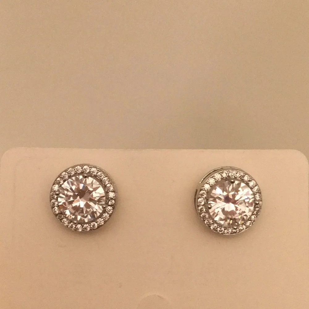 Cubic Zirconia Crystal Halo Silver Stud Earrings
